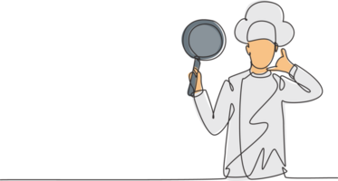 Continuous one line drawing chef with call me gesture, holding pan and wearing cooking uniforms is ready to cook meals for guests at restaurants. Single line draw design graphic illustration png