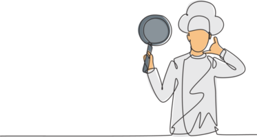 continu un ligne dessin chef avec appel moi geste, en portant la poêle et portant cuisine uniformes est prêt à cuisinier repas pour invités à Restaurants. Célibataire ligne dessiner conception graphique illustration png