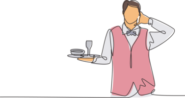 Continuous one line drawing waiter with call me gesture and brought a tray of drinking glasses serving visitors at cafeteria. Success job concept. Single line draw design graphic illustration png