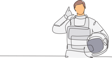 Single continuous line drawing astronaut with call me gesture wearing spacesuits to explore outer space in search mysteries of universe. Great job. One line draw graphic design illustration png