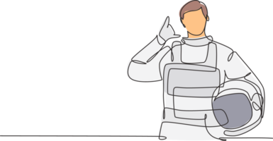 single doorlopend lijn tekening astronaut met telefoontje me gebaar vervelend ruimtepakken naar onderzoeken buitenste ruimte in zoeken mysteries van universum. Super goed functie. een lijn trek grafisch ontwerp illustratie png