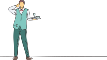 Single continuous line drawing waiter stood up with call me gesture and brought tray drinking glasses to offer restaurant guests. Success job. Dynamic one line draw graphic design illustration png