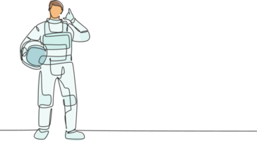Single continuous line drawing astronaut stands with call me gesture wearing space suit exploring earth, moon, other planets in the universe. Dynamic one line draw graphic design illustration png