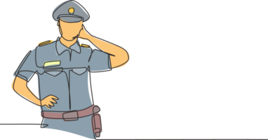 Single continuous line drawing policeman with call me gesture and uniform is ready to enforce traffic discipline on highway. Standby patrol. Dynamic one line draw graphic design illustration png