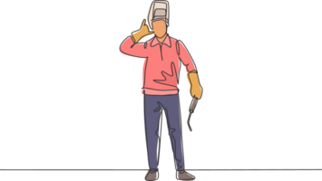 Single one line drawing welder stands with call me gesture and face shield removed ready to work in his iron workshop. Success business. Modern continuous line draw design graphic illustration png