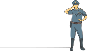Continuous one line drawing policeman standing with call me gesture and full uniform works to control vehicle traffic on highway. Standby on patrol. Single line draw design graphic illustration png