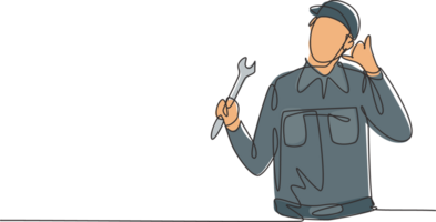 Continuous one line drawing mechanic with call me gesture and holding wrench works to fix broken car engine in garage. Success business concept. Single line draw design graphic illustration png