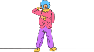 Single one line drawing clown stands with call me gesture wearing wig and clown costume ready to entertain audience in the circus arena. Modern continuous line draw design graphic illustration png