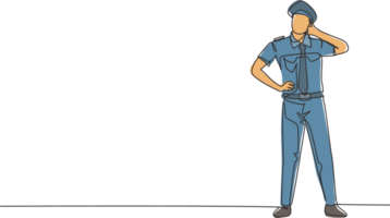 Single continuous line drawing pilot stands with call me gesture and complete uniform serves airplane passengers fly to destination. Professional job. One line draw graphic design illustration png