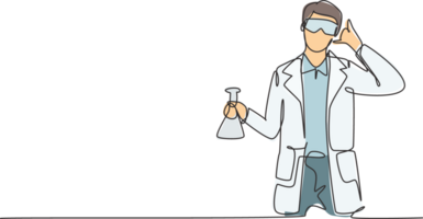 Single one line drawing scientist with call me gesture and holding measuring tube to examining chemical solution to make vaccine. Success job. Continuous line draw design graphic illustration png