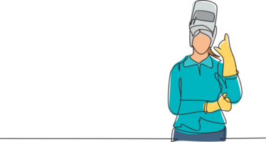 Single one line drawing female welder with call me gesture works in construction of building forming steel frame that is melted by fire. Modern continuous line draw design graphic illustration png