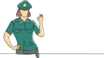 Single continuous line drawing policewoman with gesture okay and full uniform ready to enforce traffic discipline on highway. Standby patrol. Dynamic one line draw graphic design illustration png