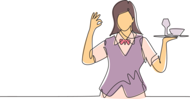 Single continuous line drawing waitress with gesture okay and brought a tray of drinking glasses serving visitors at cafeteria. Successful job. Dynamic one line draw graphic design illustration png