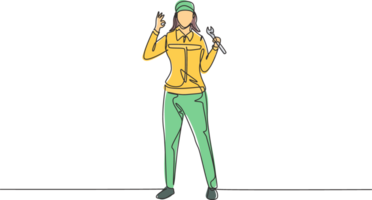 Single continuous line drawing female mechanic stands up with gesture okay and holding wrench to perform maintenance on vehicle engine. Success work. One line draw graphic design illustration png