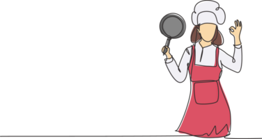 doorlopend een lijn tekening vrouw chef met gebaren Oke, Holding pan en vervelend schort is klaar naar koken maaltijden voor gasten Bij beroemd restaurants. single lijn trek ontwerp grafisch illustratie png