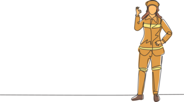 Single one line drawing female firefighter stood wearing helmet uniform with gesture okay and hand on waist work to extinguish fire at building. Continuous line draw design graphic illustration png