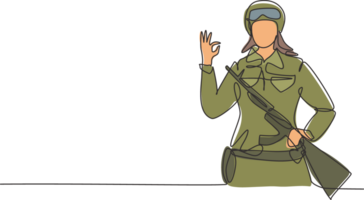 singolo continuo linea disegno femmina soldati con arma, uniforme, gesto va bene è pronto per difendere il nazione su campo di battaglia contro nemico. dinamico uno linea disegnare grafico design illustrazione png