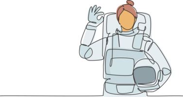 Continuous one line drawing female astronaut with gesture okay wearing spacesuits to explore outer space in search mysteries of universe. Great job. Single line draw design graphic illustration png