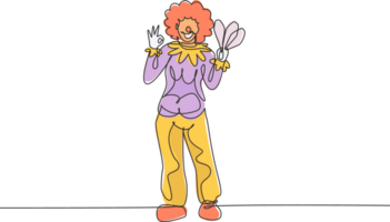 continuo uno linea disegno femmina clown sta con gesto va bene indossare parrucca e clown costume pronto per intrattenere il pubblico nel il circo arena. singolo linea disegnare design grafico illustrazione png