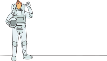 Single continuous line drawing female astronaut stands with gesture okay wearing space suit exploring earth, moon, other planets in universe. Dynamic one line draw graphic design illustration png