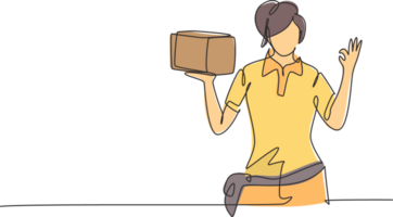 Continuous one line drawing deliverywoman with gesture okay, carrying the package box to be delivered to customers with best service. Success job. Single line draw design graphic illustration png