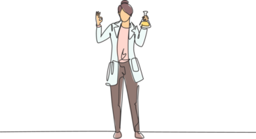 Single one line drawing female scientist stands with gesture okay and holding measuring tube filled with chemical liquid. Success work. Modern continuous line draw design graphic illustration png