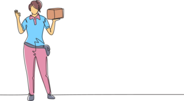 Single continuous line drawing delivery woman stands with gesture okay carrying package box that customer order to be delivered safely. Success job. One line draw graphic design illustration png