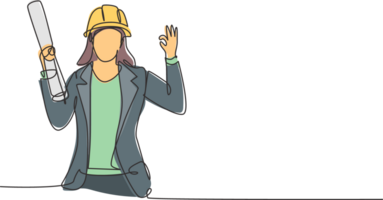 Single continuous line drawing female architect with gesture okay and wearing helmet carried building construction drawing paper. Success business. One line draw graphic design illustration png