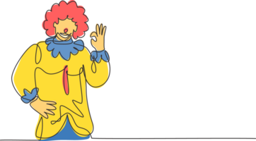 Single einer Linie Zeichnung Clown mit Geste Okay, tragen Perücke und lächelnd Gesicht bilden, unterhaltsam Kinder beim Geburtstag Party. gut ausführen. modern kontinuierlich Linie zeichnen Design Grafik Illustration png