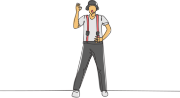 Single continuous line drawing mime artist stands with gesture okay and face make-up makes audience laugh with silent comedy. Great show. Dynamic one line draw graphic design illustration png