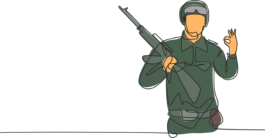 Single continuous line drawing soldier with weapon, full uniform, gesture okay is ready to defend the country on battlefield against enemy. Dynamic one line draw graphic design illustration png