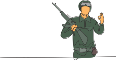 singolo continuo linea disegno soldato con arma, pieno uniforme, gesto va bene è pronto per difendere il nazione su campo di battaglia contro nemico. dinamico uno linea disegnare grafico design illustrazione png