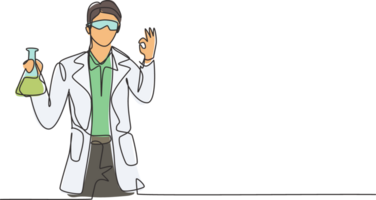 Single one line drawing of male scientist with gesture okay and holding measuring tube to examining chemical solution to make vaccine. Modern continuous line draw design graphic illustration png