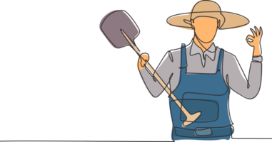 Single one line drawing of farmer with gesture okay wearing straw hat and carrying shovel to work on the farm. Success business concept. Modern continuous line draw design graphic illustration png