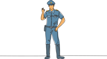 continu un ligne dessin policier permanent avec geste d'accord et plein uniforme travaux à contrôle véhicule circulation sur Autoroute. Etre prêt sur patrouille. Célibataire ligne dessiner conception graphique illustration png