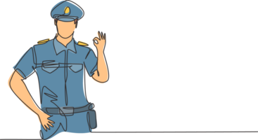 Single continuous line drawing policeman with gesture okay and full uniform is ready to enforce traffic discipline on highway. Standby patrol. Dynamic one line draw graphic design illustration png