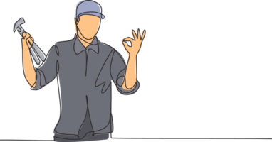 Single one line drawing of carpenter with gesture okay works in his workshop making wooden products. Skills in using carpentry tools. Modern continuous line draw design graphic illustration png