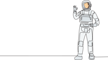 Single continuous line drawing astronaut stands with gesture okay wearing space suit exploring earth, moon, other planets in the universe. Dynamic one line draw graphic design illustration png