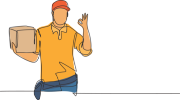 Single continuous line drawing delivery man with gesture okay, carrying the package box to be delivered to customers with the best service. Dynamic one line draw graphic design illustration png