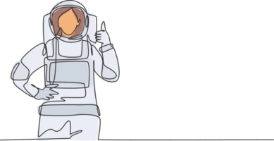 single een lijn tekening van vrouw astronauten met een duimen omhoog gebaar vervelend ruimtepakken naar onderzoeken ruimte in zoeken de mysteries van universum. doorlopend lijn trek ontwerp grafisch illustratie png