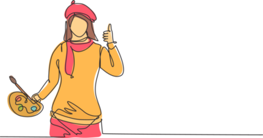 Single continuous line drawing woman painter with a thumbs-up gesture using painting tools such as brushes, canvas, and watercolors in producing art. One line draw graphic design illustration png