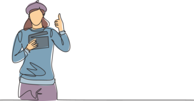 Continuous one line drawing female film director with a thumbs-up gesture while holding the clapperboard set the crew for studio shooting. Single line draw design graphic illustration png