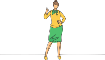 Single one line drawing of flight attendant stands in a uniform with thumbs-up gesture at the airport with the crew flying to their destination. Continuous line draw design graphic illustration png