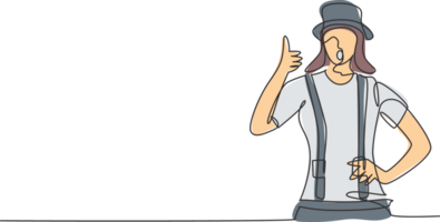 Single one line drawing of female mime artist with thumbs-up gesture and face make-up puts on a silent motion comedy show at circus arena. Continuous line draw design graphic illustration png