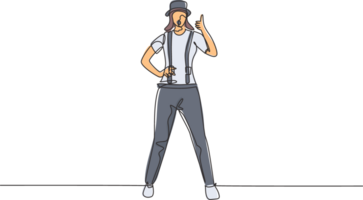 Continuous one line drawing female mime artist stands with a thumbs-up gesture and face make-up makes audience laugh with silent comedy. Single line draw design graphic illustration png
