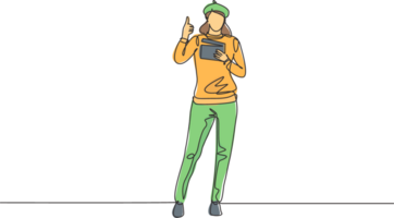 Continuous one line drawing woman film director stands with a thumbs-up gesture while holding the clapperboard to prepare camera crew for shooting. Single line draw design graphic illustration png