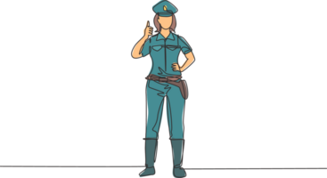 continuo uno linea disegno il poliziotta in piedi con un' pollice su gesto e nel pieno uniforme lavori per controllo veicolo traffico su il autostrada. singolo linea disegnare design grafico illustrazione png