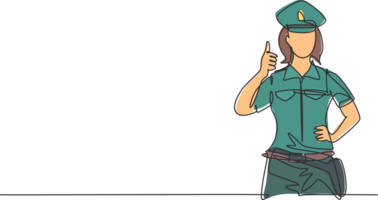 Single continuous line drawing the policewoman with a thumbs-up gesture and in full uniform is ready to enforce traffic discipline on the highway. One line draw graphic design illustration png