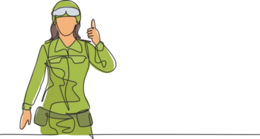 Single continuous line drawing woman soldiers with goggle, full uniforms, thumbs up gestures are ready to defend the country on battlefield. Dynamic one line draw graphic design illustration png