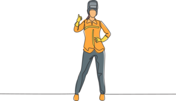 Single one line drawing of female welder stands with a thumbs-up gesture and the face shield is removed ready to work in his iron workshop. Continuous line draw design graphic illustration png